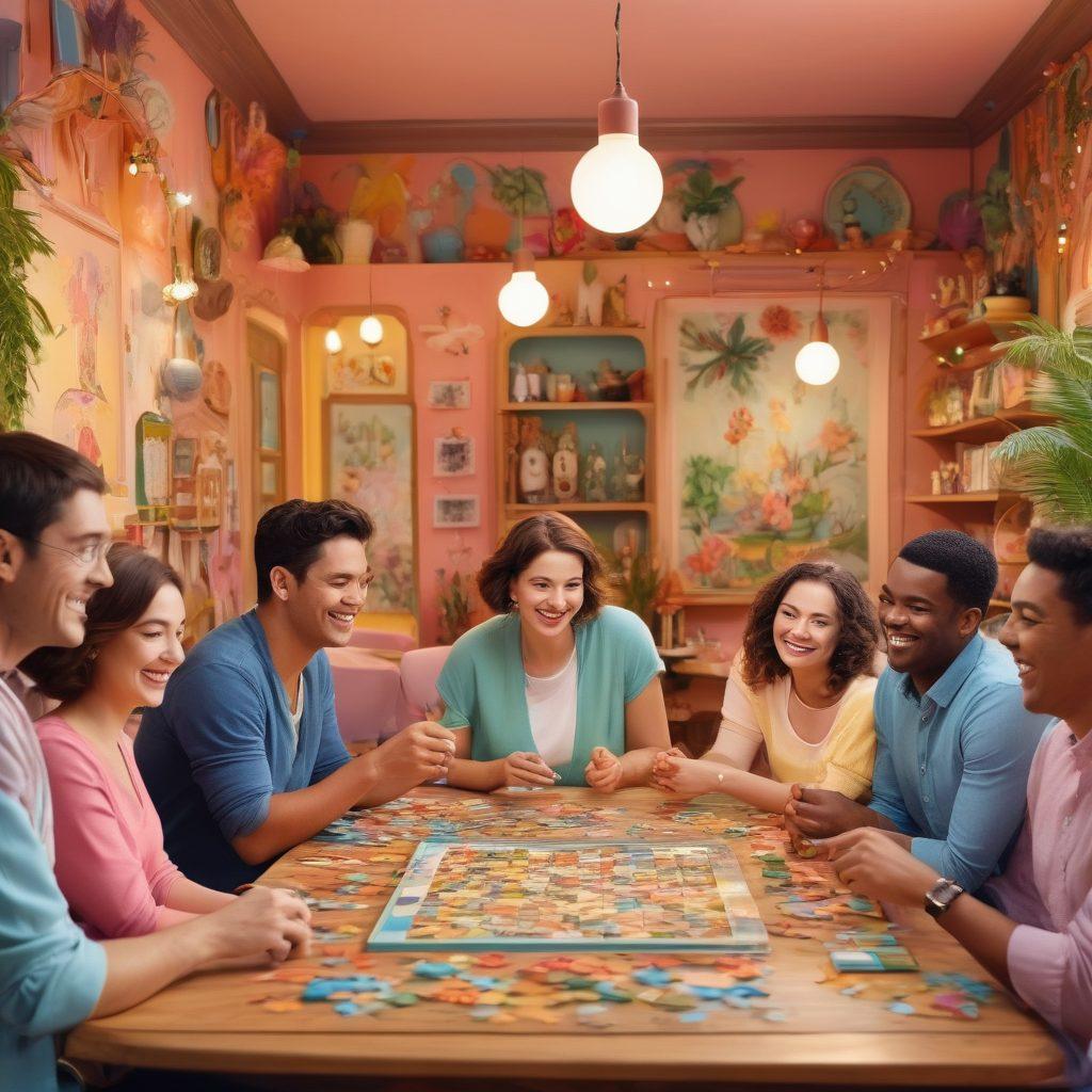 A whimsical and colorful scene depicting various interactive adult amusements like puzzles, games, and playful gadgets. Include diverse characters conversing and enjoying the activities, with expressions of joy and excitement. A vibrant atmosphere filled with laughter and playful decor, blending elements of both sophistication and fun. The background should feature soft pastel colors with abstract shapes to evoke a sense of creativity and playfulness. vibrant colors. playful illustration style.
