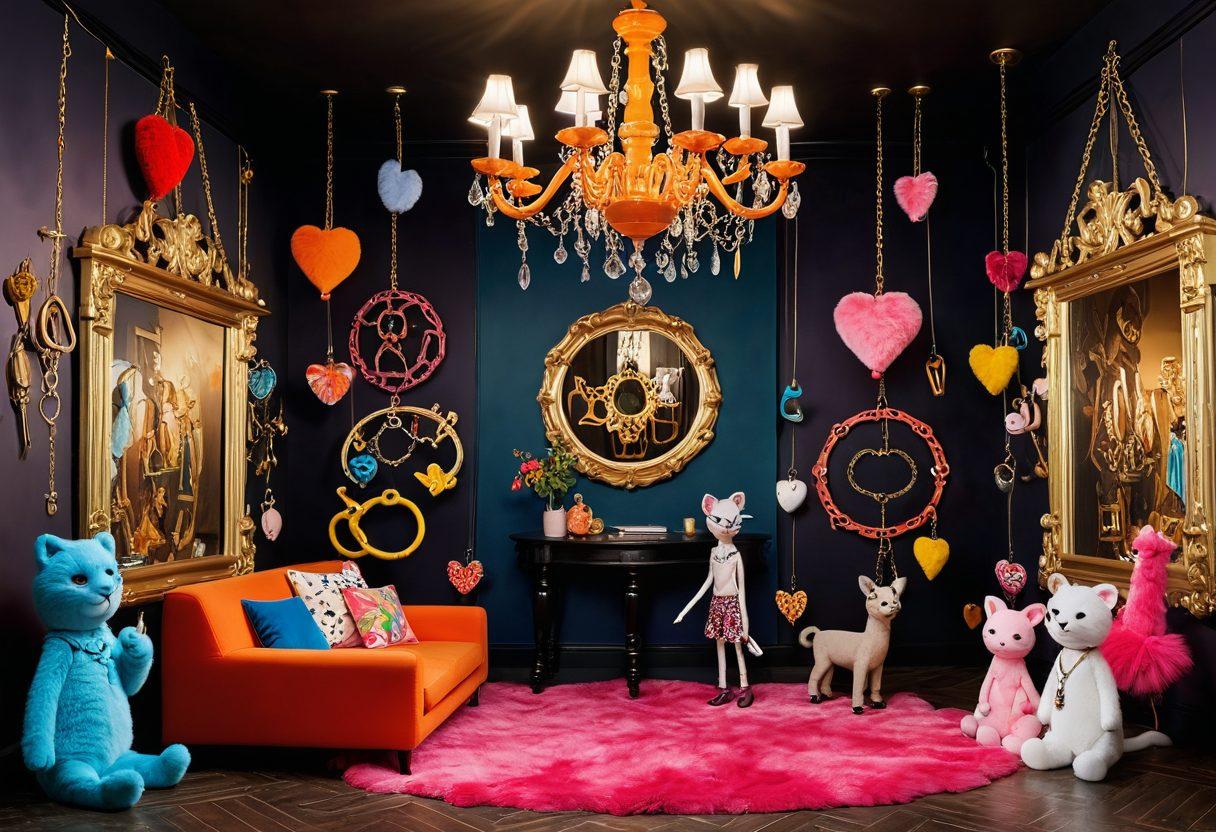 A whimsical collage showcasing contrasting elements: a playful dungeon with whimsical props, quirky cartoonish characters engaged in humorous antics, and vibrant colors to embody the fun side of adult entertainment. Integrate subtle BDSM symbols cleverly blended into a lighthearted atmosphere. The scene should evoke laughter and curiosity while balancing the themes of playfulness and adult content. vibrant colors. cartoon style.