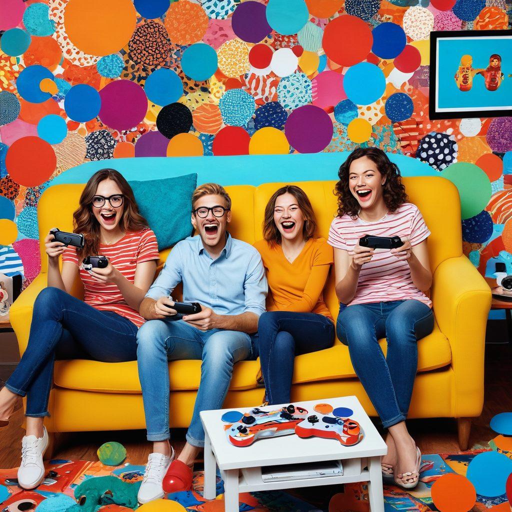A whimsical collage of adults engaging in various leisure activities, such as watching a funny cartoon, playing video games, and laughing together. The background features playful elements like pop art-style laughter bubbles and colorful game controllers. Highlight the joy and connection among friends, with warm, inviting colors that evoke a sense of fun and relaxation. Bright, modern design. vibrant colors. playful illustration.